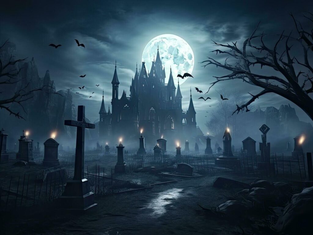 Spooky background with Halloween castle in a graveyard Stock Free