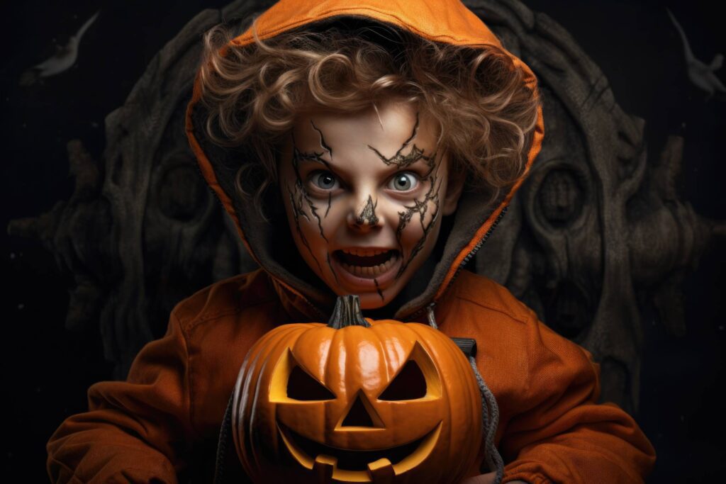 Spooky Kid with Carved Pumpkin Halloween Night Free Photo