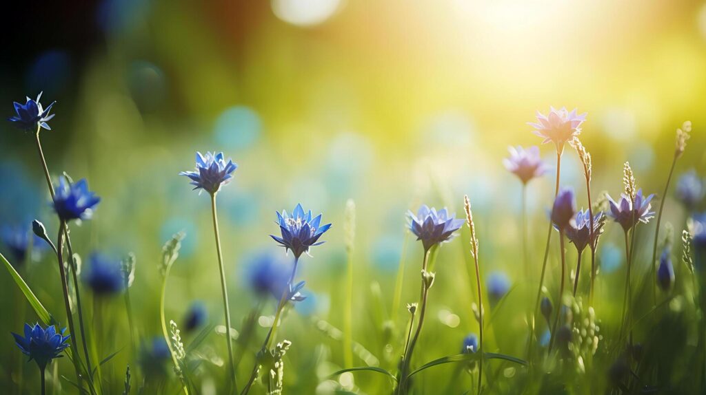 Spring Background with blue flowers with the sun shining on it Free Photo