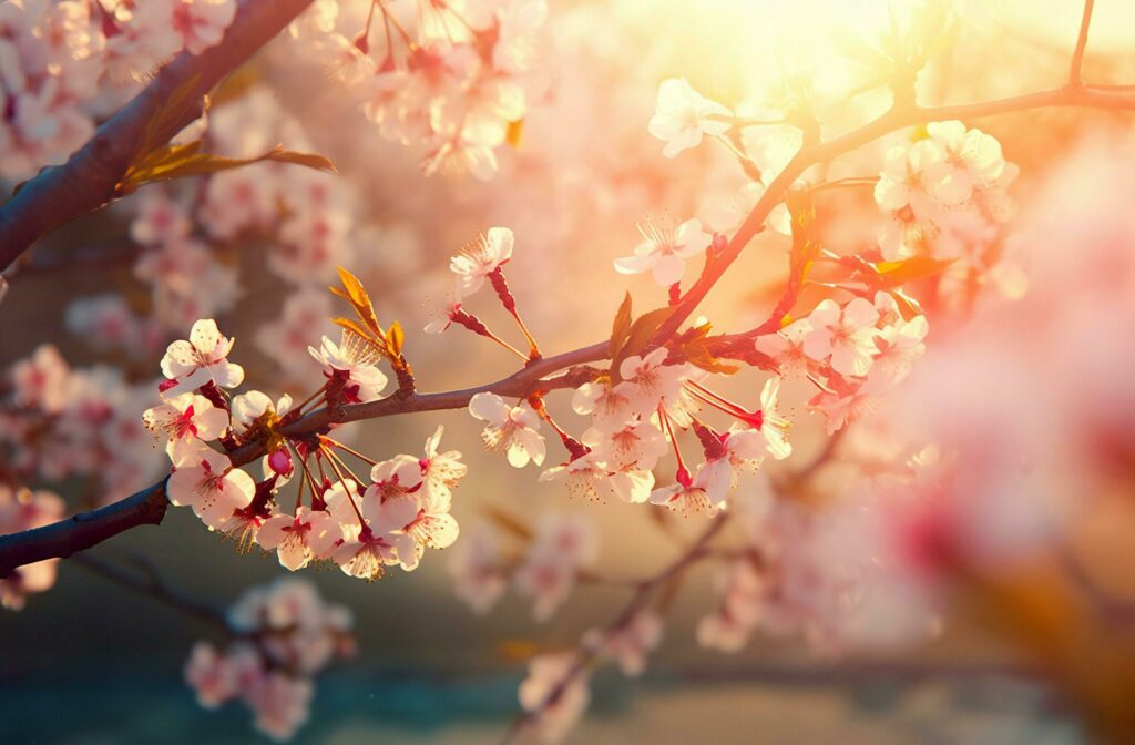 Spring blossom background. Nature scene with blooming tree and sun flare. Generative AI Free Photo