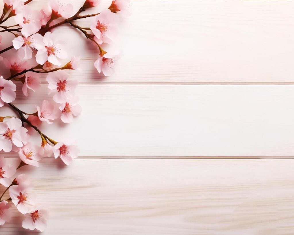 Spring flatlay with sakura blossom branches on light wooden background, top view Stock Free