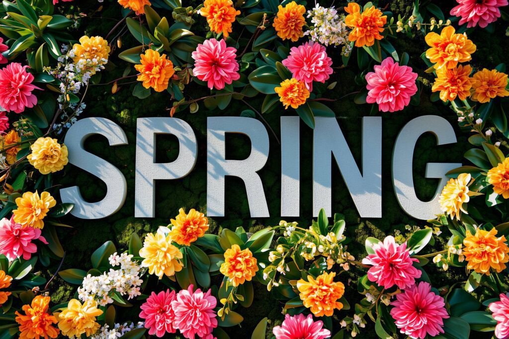 Spring Flowers Lettering in Floral Garden Stock Free