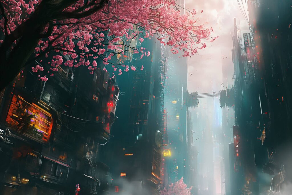 Spring in a Futuristic Cyberpunk City Stock Free