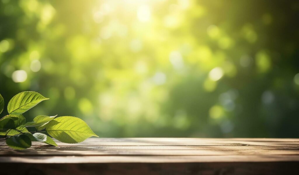 Spring summer beautiful natural background with green foliage in sunlight and empty wooden table outdoors, generate ai Stock Free