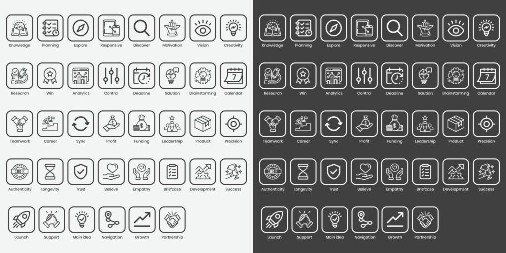 Startup vector icon set. black and white icon series with line and stroke Stock Free