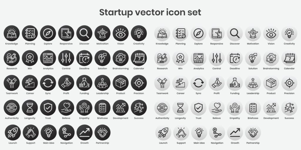 Startup vector icon set. black and white icon series with line and stroke Stock Free and Free SVG