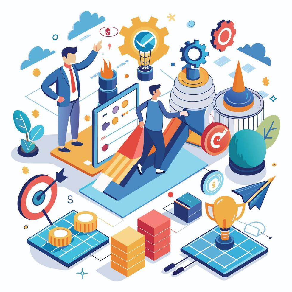 Startup isometric concept with business people characters and icons vector Stock Free