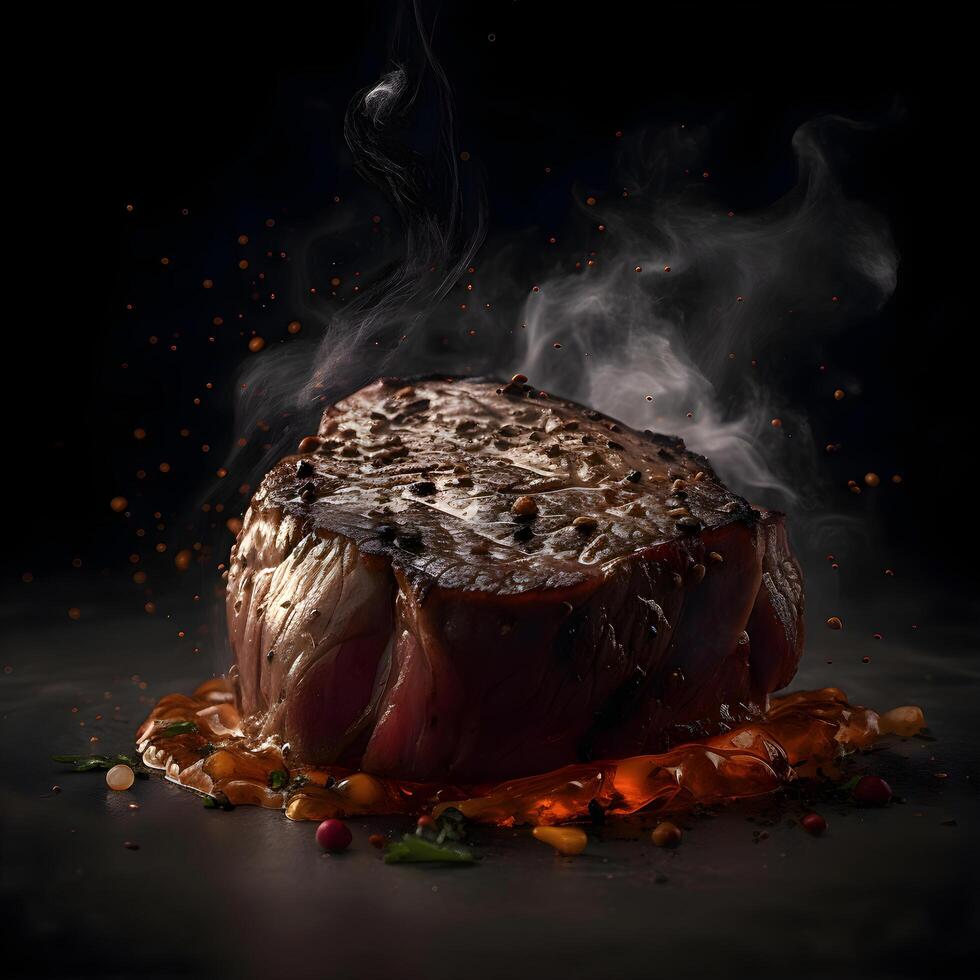 Steak on a black background with smoke and fire, close up, Image Stock Free