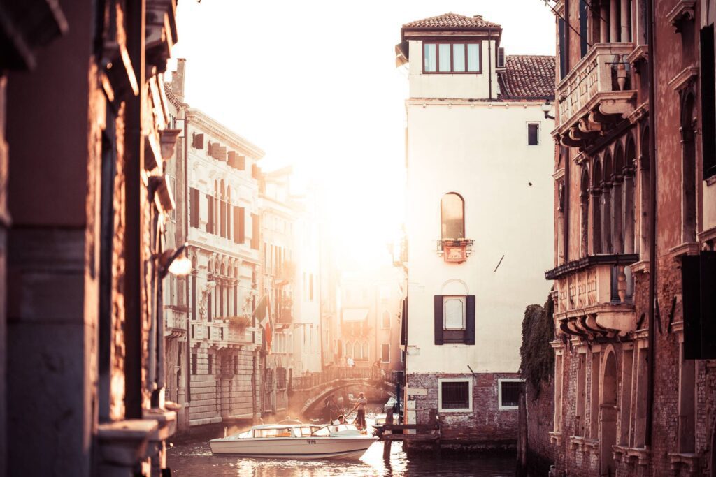 Street Canal Sunset in Venice, Italy Free Photo