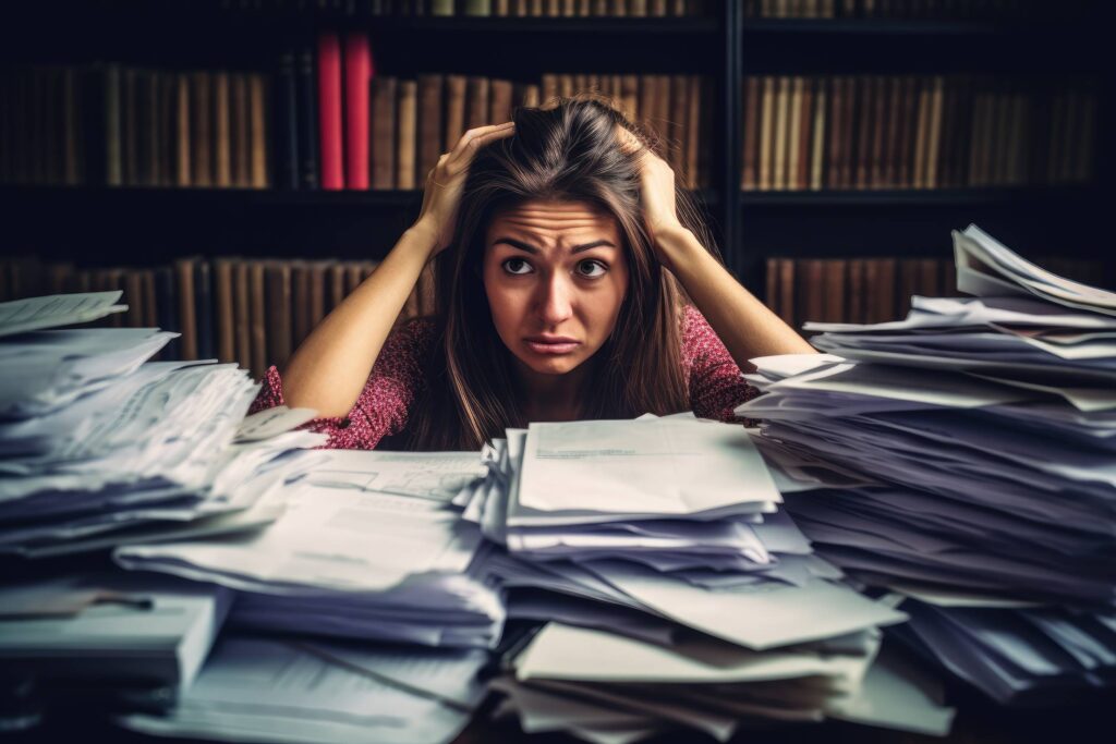 Stressed Unhappy Woman Overwhelmed by Office Documents Stock Free