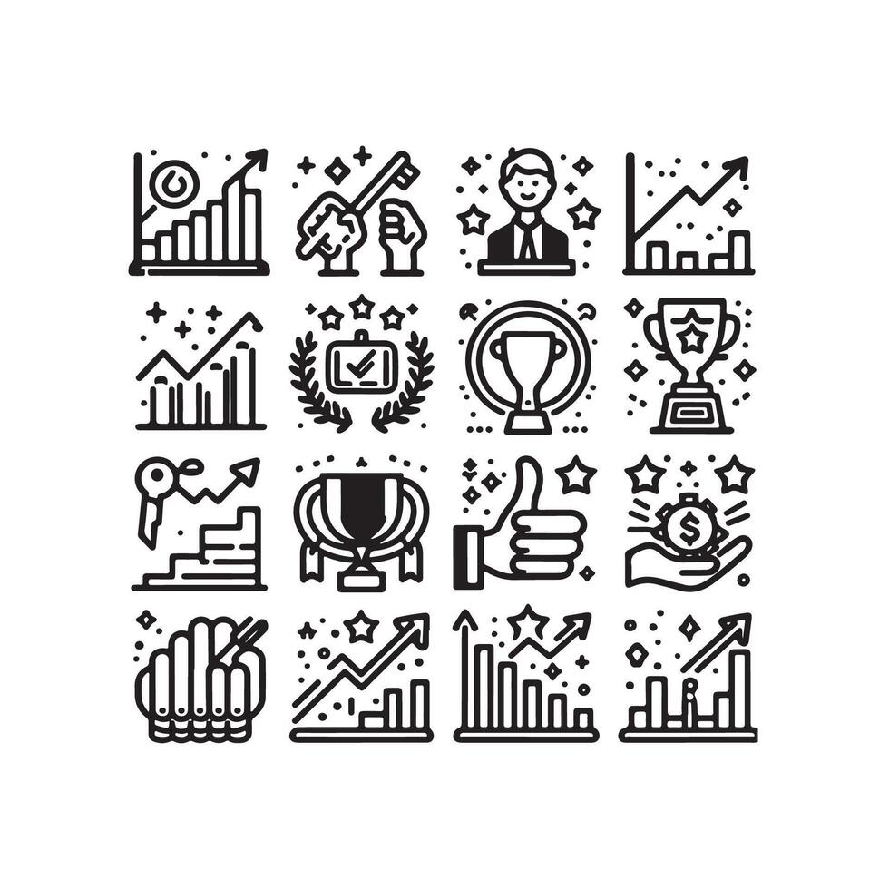 Success, award, growth, win, thumbs up, key editable stroke outline icons set isolated on white background flat black and white Stock Free