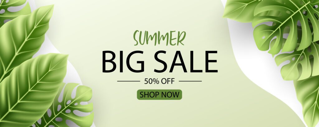 Summer sale banner design with tropical leaves background Free Vector