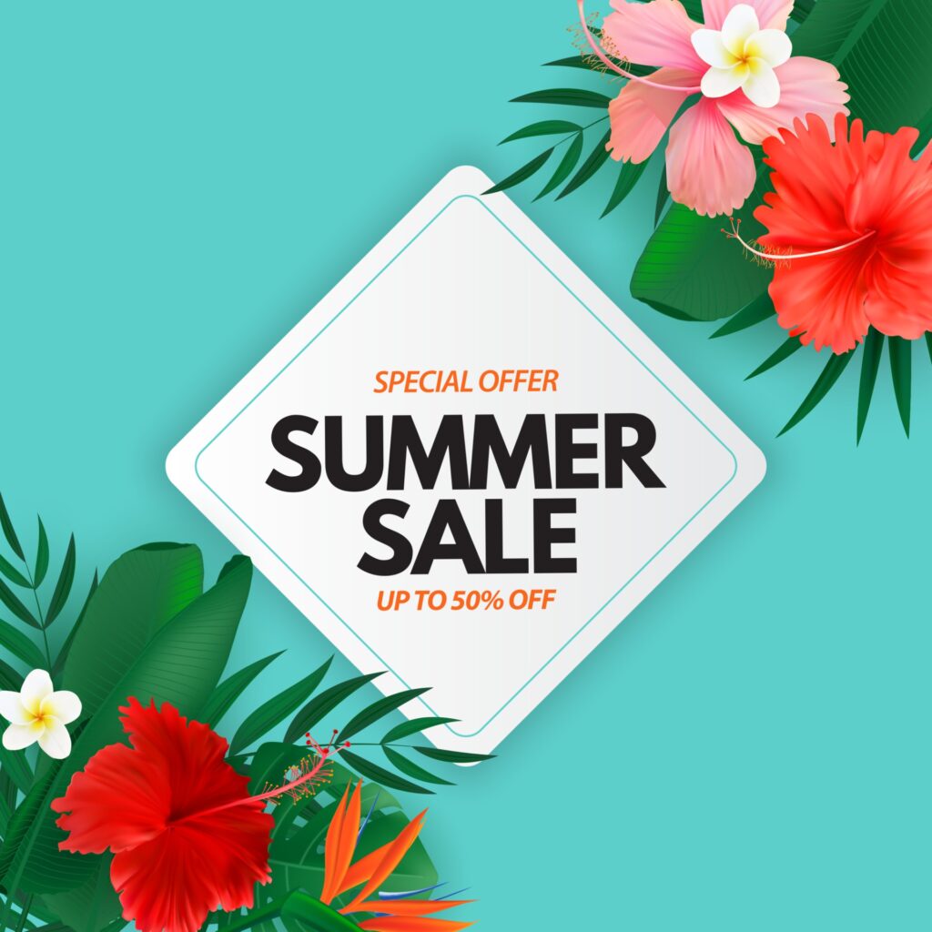 Summer sale poster. Natural Background with Tropical Palm and Monstera Leaves, exotic flower. Free Vector