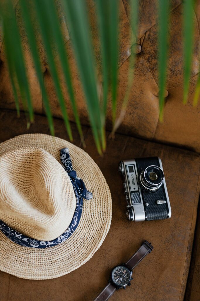 Summer Travel Mood Photo Straw Hat with Analog Camera and Watch Free Photo