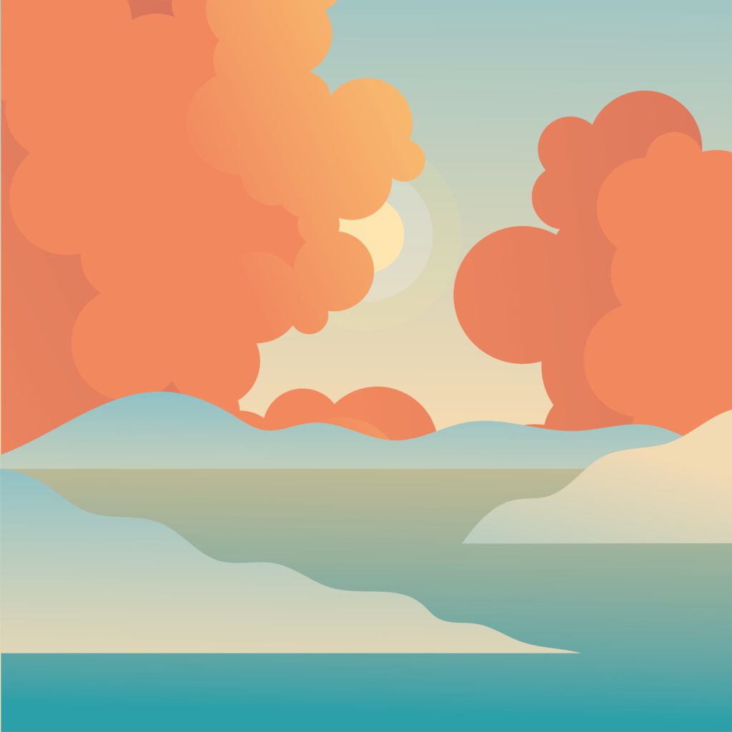 sun and orange clouds over sea background Free Vector