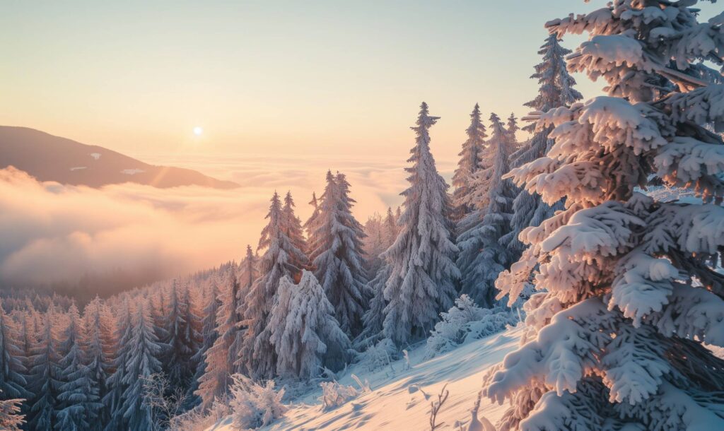 Sun Setting Over Winter Mountain Valley with Inversion Stock Free