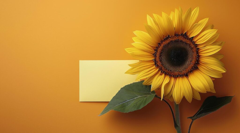 Sunflower Blooming on Yellow Background With Green Leaves Stock Free