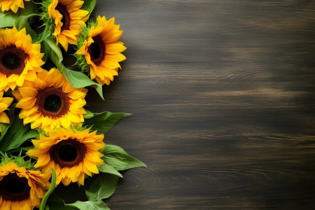 Sunflowers on wooden background. Valentine’s, womens, mothers day, birthday or wedding, summer flowers flat lay. Top view. Copy space. Generated AI. Free Photo