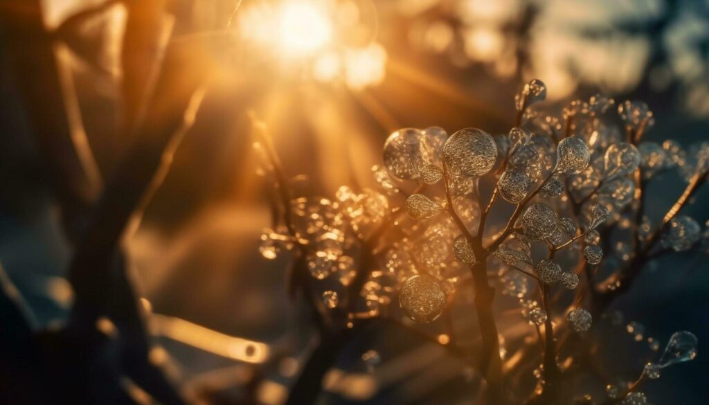 Sunlit leaf on wet branch, nature beauty generated by AI Stock Free