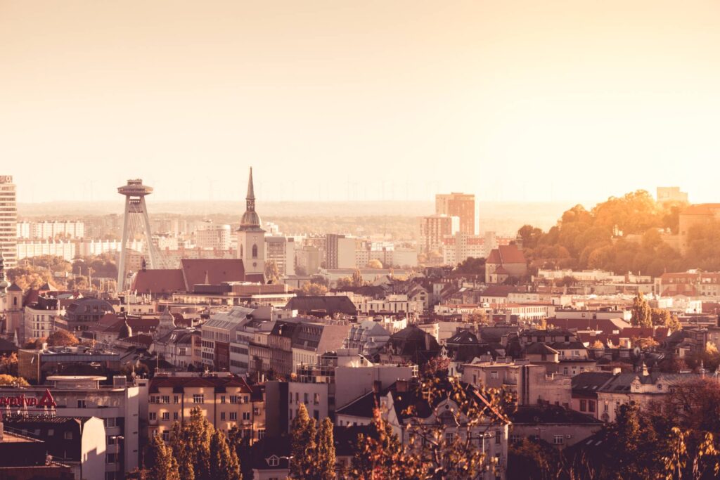 Sunset Over Bratislava, Slovakia and Famous UFO Tower Free Photo