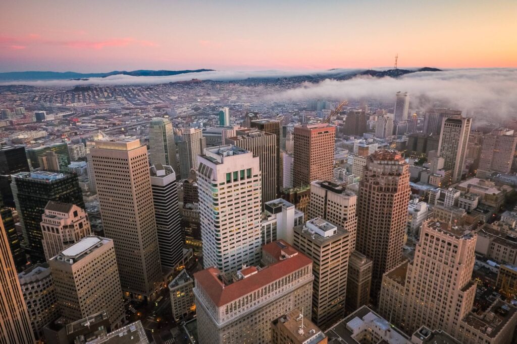 Sunset View Over San Francisco Skyscrapers in Financial District Free Photo