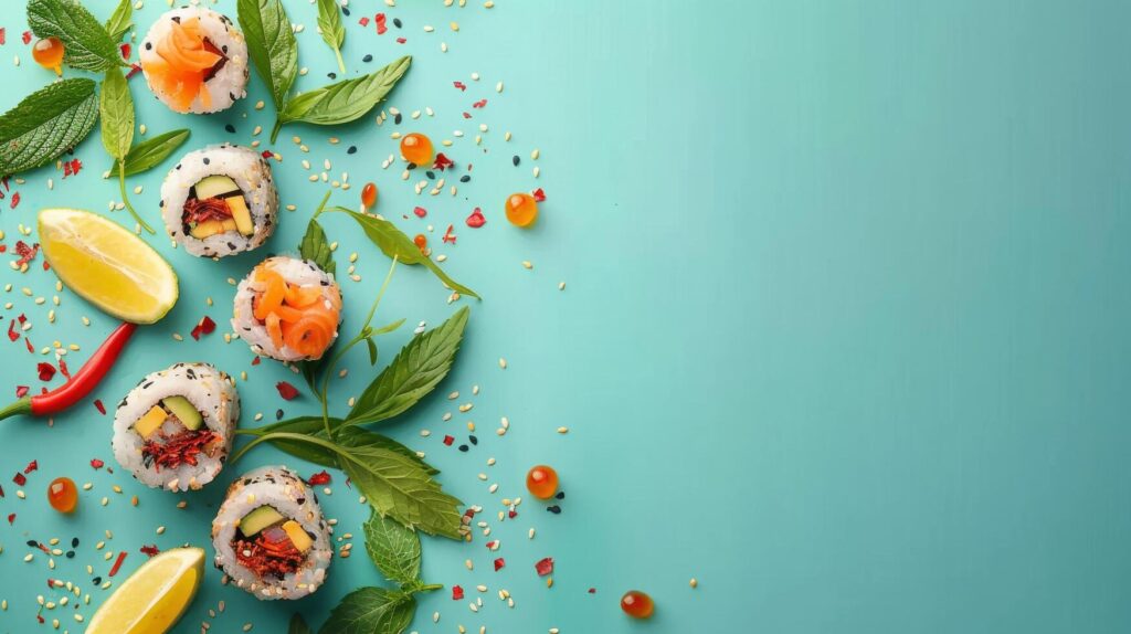 
									Sushi Rolls With Mint Leaves on Blue Background Stock Free