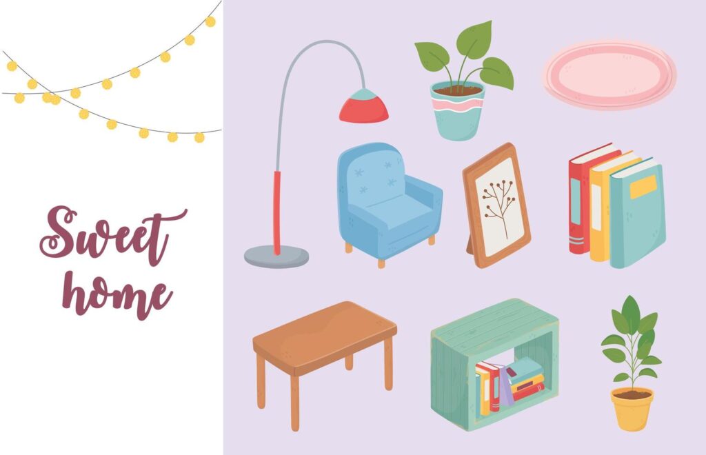 Sweet home furniture and decor icon set Stock Free