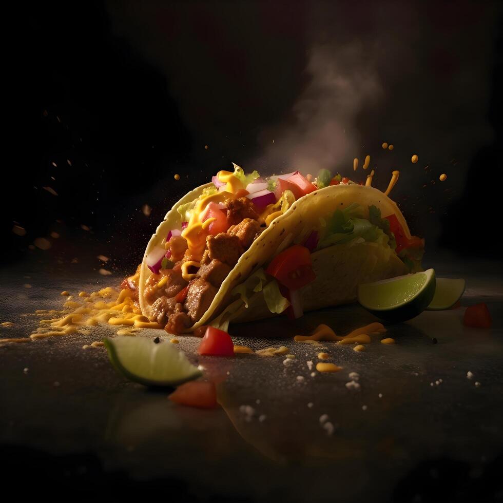 Taco with meat and vegetables on a black background. Mexican food, Image Stock Free