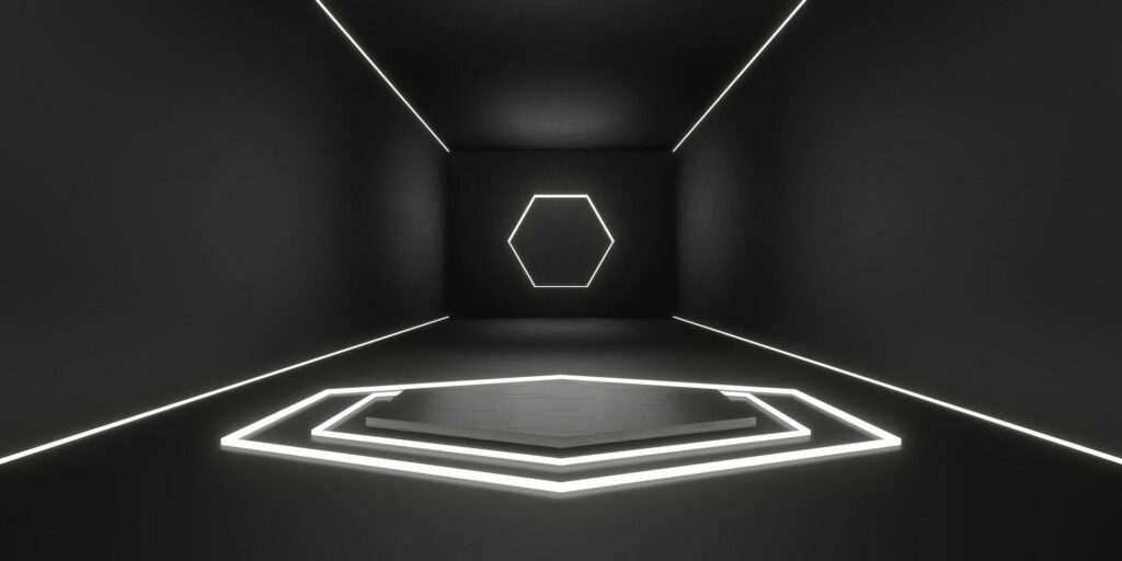 Technology floor and wall The background of the product base in the room with hexagon laser light Stock Free