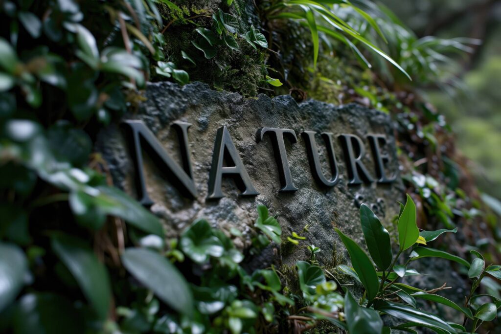 Text NATURE Metal Letters on a Rock in Green Forest Stock Free