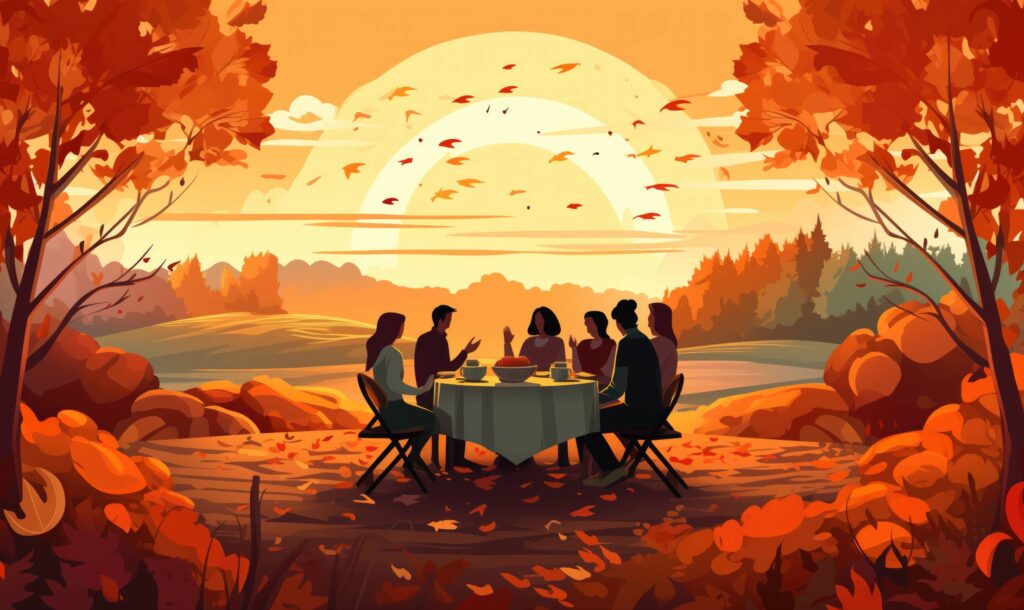 Thanksgiving Day Group of Friends at Thanksgiving Dinner Table in Beautiful Autumn Scenery Stock Free