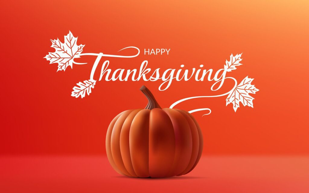 Thanksgiving design with a 3D realistic orange pumpkin, autumn leaf, and Happy Thanksgiving lettering. Perfect for holiday greetings, posters, and banners. Not . Free Vector