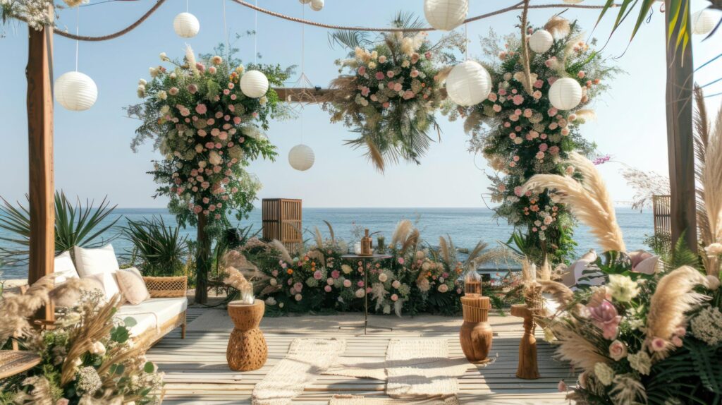 The backdrop for an open-air wedding on the beach filled with beautiful floral decorations and ornaments ai generate Free Photo