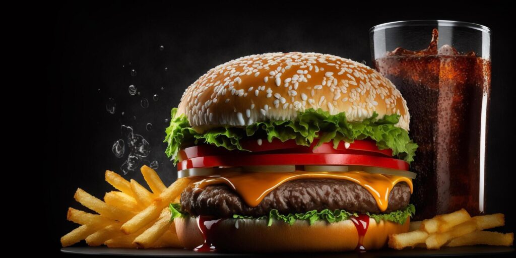 The fast food meal in the black background with . Stock Free
