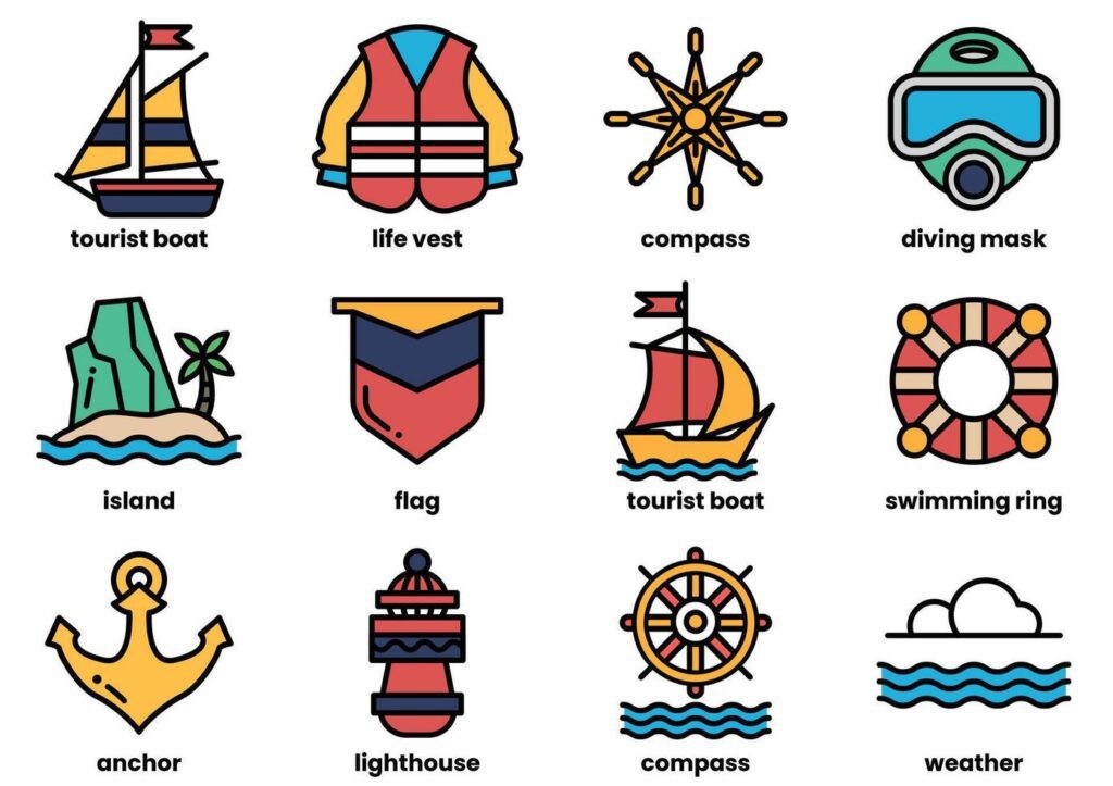 The image is a collection of various water-related icons, including boats Stock Free