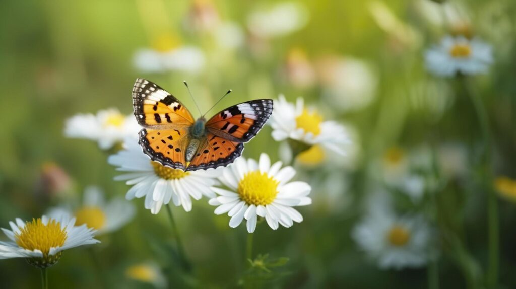 Photo the yellow orange butterfly is on the white pink flowers in the green grass fields, generat ai Stock Free