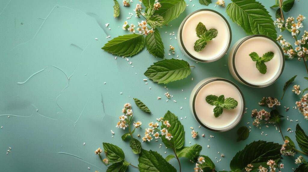 Three Glasses of Milk With Mint Leaves on a Blue Background Stock Free