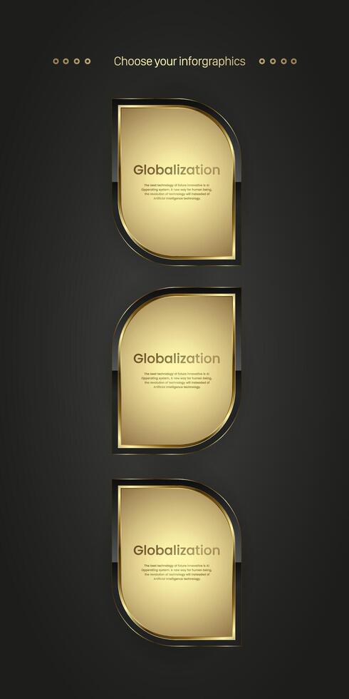 Three premium buttons infographic. collection of Three golden icons on dark gradient background, three Gold luxury icons. Vector illustration Stock Free