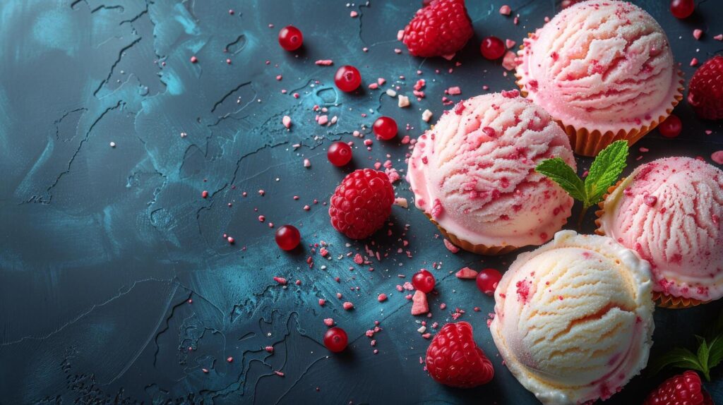 Three Scoops of Ice Cream With Raspberries on Blue Background Stock Free