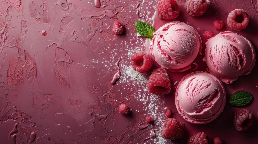 Three Scoops of Ice Cream With Raspberries on Pink Background Stock Free