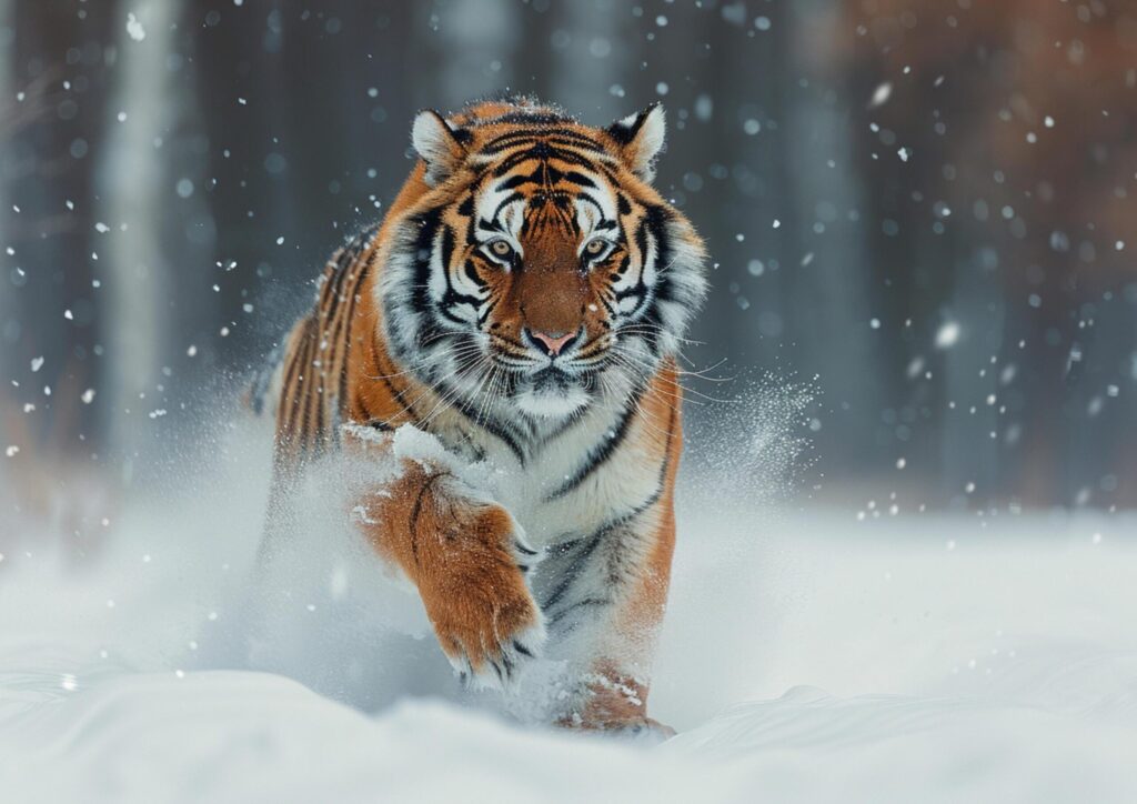 Tiger running in the snow generated by AI. Free Photo