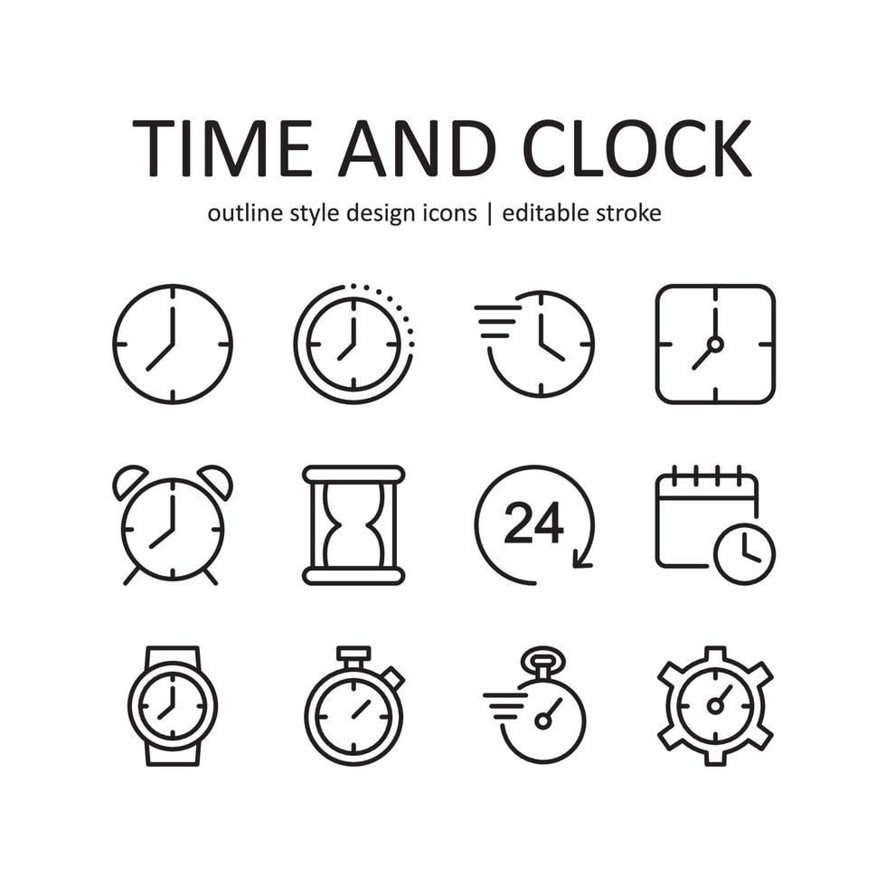 Time and clock icon set. Contains such Icons as watch, calendar, alarm and more . Line style design. Vector graphic illustration. Suitable for website design, app, template, ui. Stock Free