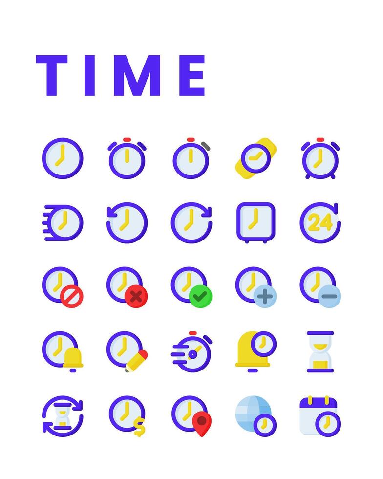 Time icon collections in flat style, including watch, hour, clock, alarm, timer, history, schedule and other. Stock Free