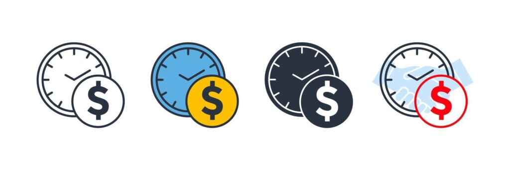 time is money icon logo vector illustration. Time with Stack of Coins symbol template for graphic and web design collection Stock Free