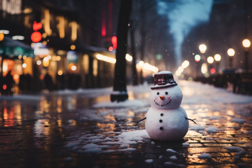 Tiny and Lonely Snowman in The City Stock Free