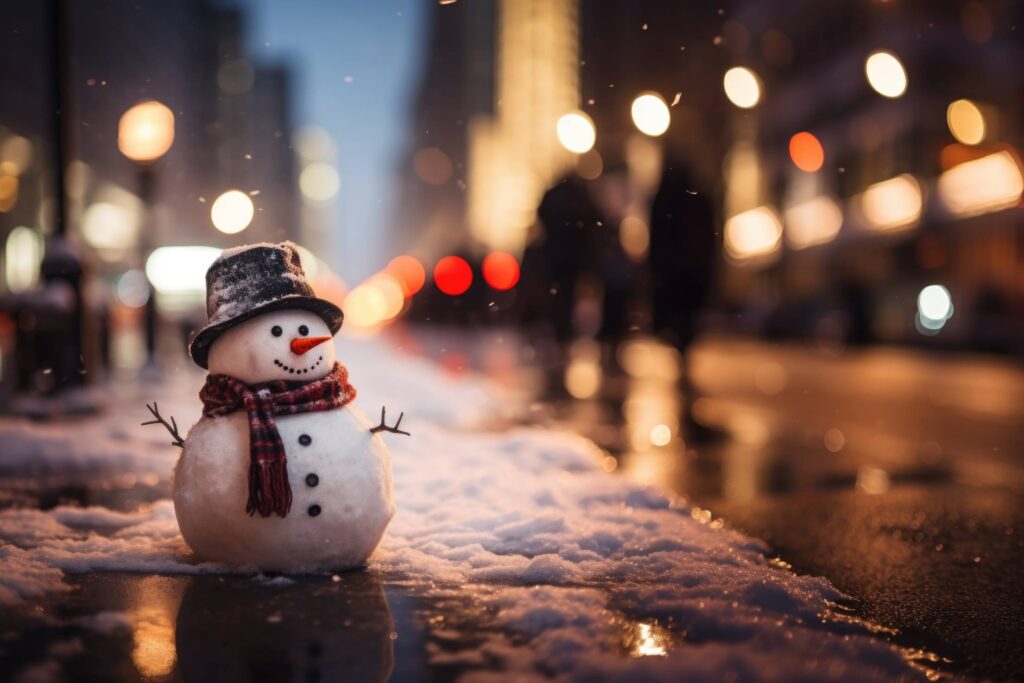 Tiny Snowman in The City Space for Text Stock Free