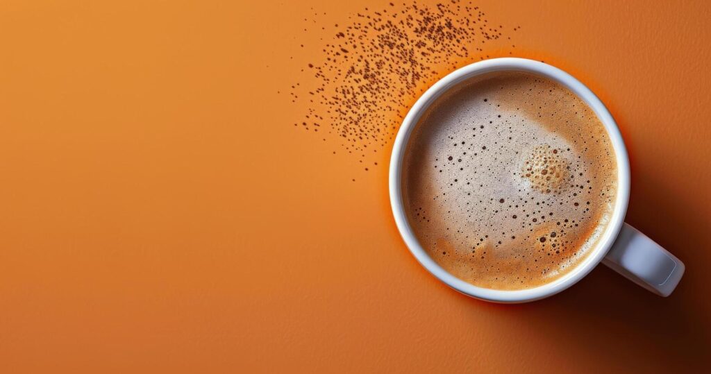 Top View of a Cup of Coffee With Cinnamon Sprinkles on an Orange Background Stock Free