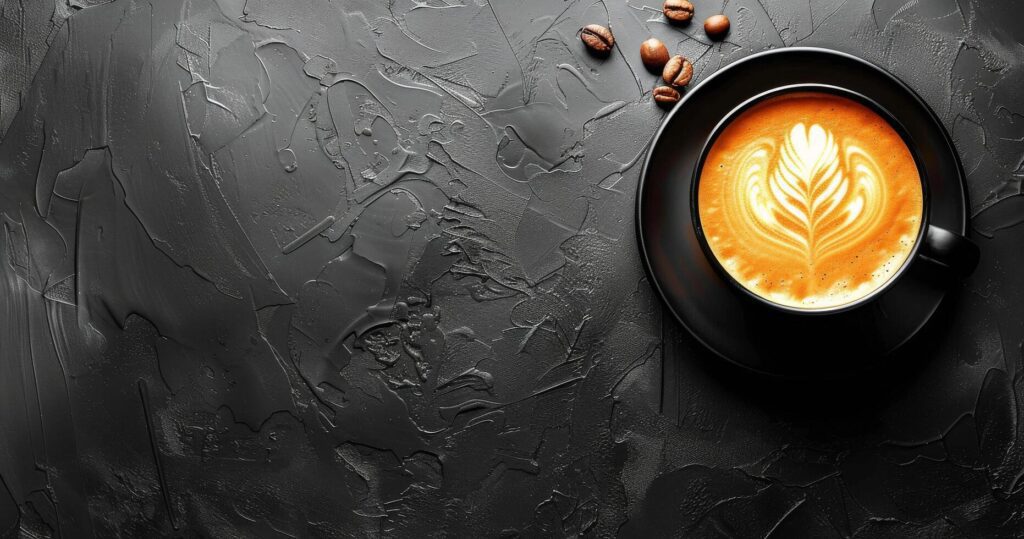 Top View of a Cup of Latte Art Coffee on Black Background With Coffee Beans Stock Free