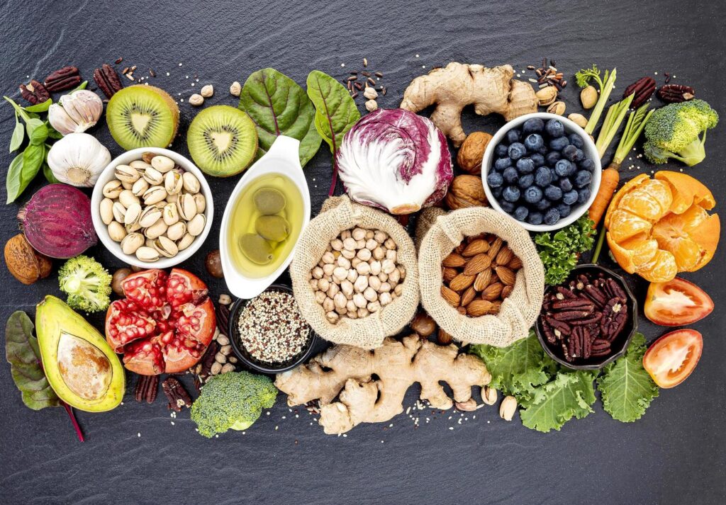 Top view of a selection of healthy food Stock Free