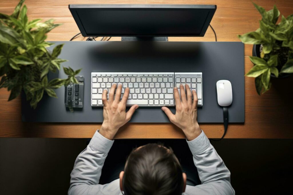 Top view of businessman working on computer at desk in office. Business concept, High angle view of male hands typing on computer keyboard while working in office, AI Generated Stock Free